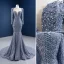 High-end Grey Beading Pearl Rhinestone Evening Dresses  2021 Trumpet / Mermaid Scoop Neck Sequins Long Sleeve Court Train Evening Party Formal Dresses
