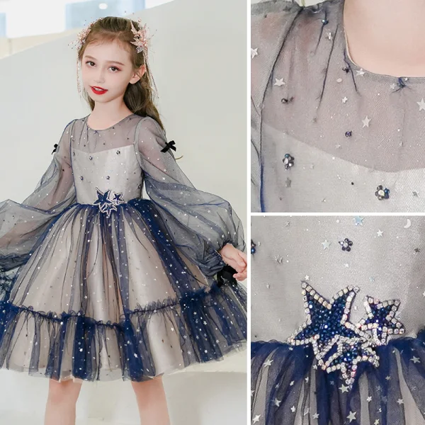 Fashion Ocean Blue Short Birthday Flower Girl Dresses 2021 Ball Gown Scoop Neck Star Rhinestone Sequins Long Sleeve