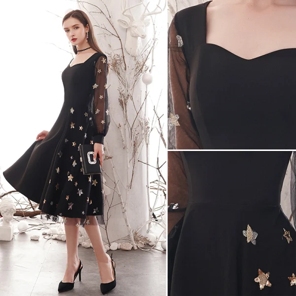 Fashion Black Homecoming Graduation Dresses 2020 A-Line / Princess Star Sequins Square Neckline Long Sleeve Tea-length Formal Dresses