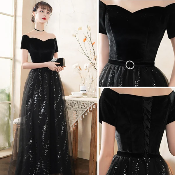 Abordable Noire Robe De Soirée 2020 Princesse Daim Ceinture Paillettes Manches Courtes Dos Nu Longue Robe De Ceremonie