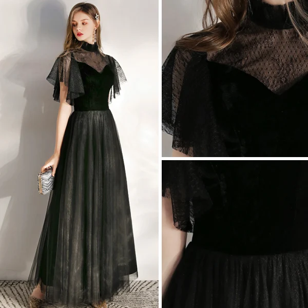 Chic / Beautiful Black Evening Dresses  2020 A-Line / Princess Suede High Neck Short Sleeve Floor-Length / Long Formal Dresses