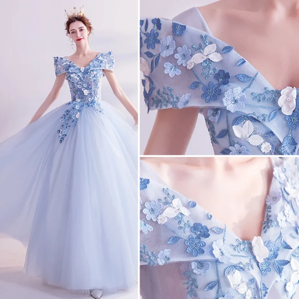 Fairytale Sky Blue Prom Dresses 2020 A-Line / Princess V-Neck Appliques Pearl Lace Flower Short Sleeve Backless Floor-Length / Long Formal Dresses