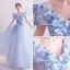 Fairytale Sky Blue Prom Dresses 2020 A-Line / Princess V-Neck Appliques Pearl Lace Flower Short Sleeve Backless Floor-Length / Long Formal Dresses