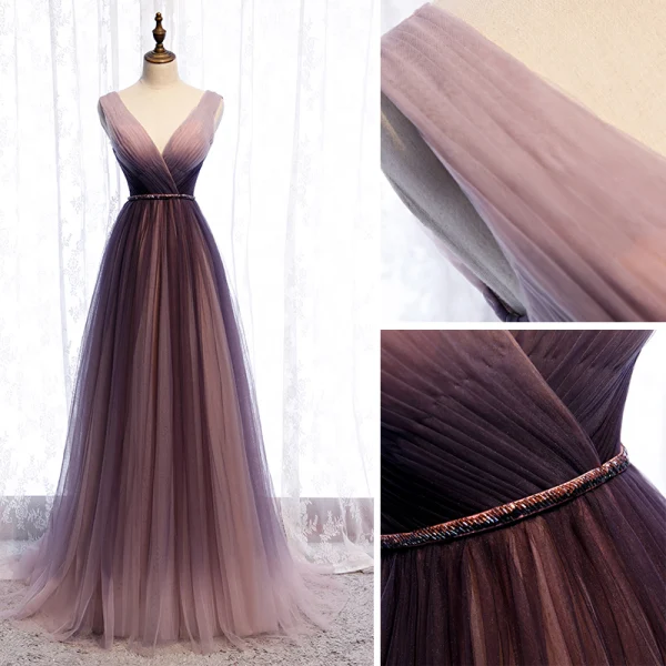Chic / Beautiful Gradient-Color Purple Evening Dresses  2020 A-Line / Princess V-Neck Sash Sleeveless Backless Floor-Length / Long Formal Dresses