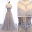 Charming Grey Prom Dresses 2020 A-Line / Princess Scoop Neck Beading Appliques Lace Flower Rhinestone Sequins Short Sleeve Backless Floor-Length / Long Formal Dresses
