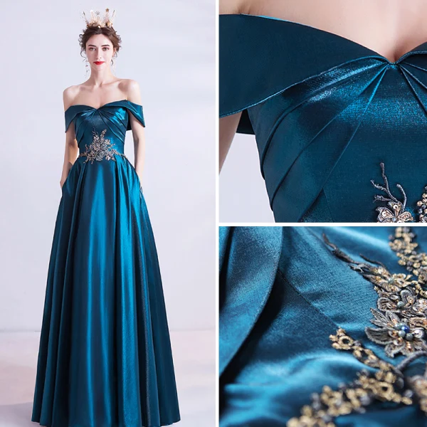 Vintage / Originale Bleu D'encre Robe De Soirée 2020 Princesse De l'épaule Perlage Perle En Dentelle Fleur Manches Courtes Dos Nu Longue Robe De Ceremonie
