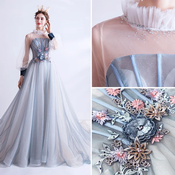 Vintage / Retro Flower Fairy Sky Blue Prom Dresses 2020 A-Line / Princess Ruffle High Neck Pearl Rhinestone Sequins Flower Lace Long Sleeve Backless Court Train Formal Dresses