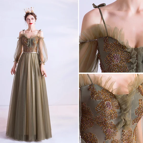 Vintage / Retro Clover Green Prom Dresses 2020 A-Line / Princess Spaghetti Straps Beading 3/4 Sleeve Backless Floor-Length / Long Formal Dresses