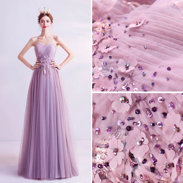 Charmant Lilas Robe De Soirée 2020 Princesse Bustier Perlage Paillettes Cristal Appliques En Dentelle Fleur Sans Manches Dos Nu Longue Robe De Ceremonie