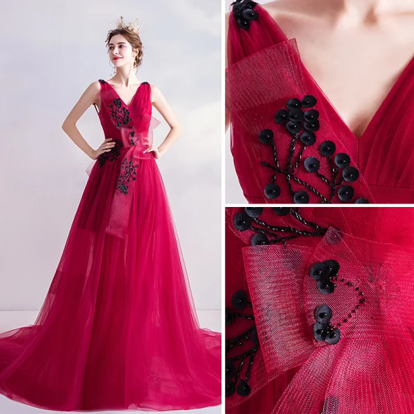 Chic Rouge Robe De Soirée 2020 Princesse V-Cou Perlage Appliques Noeud Sans Manches Dos Nu Tribunal Train Robe De Ceremonie