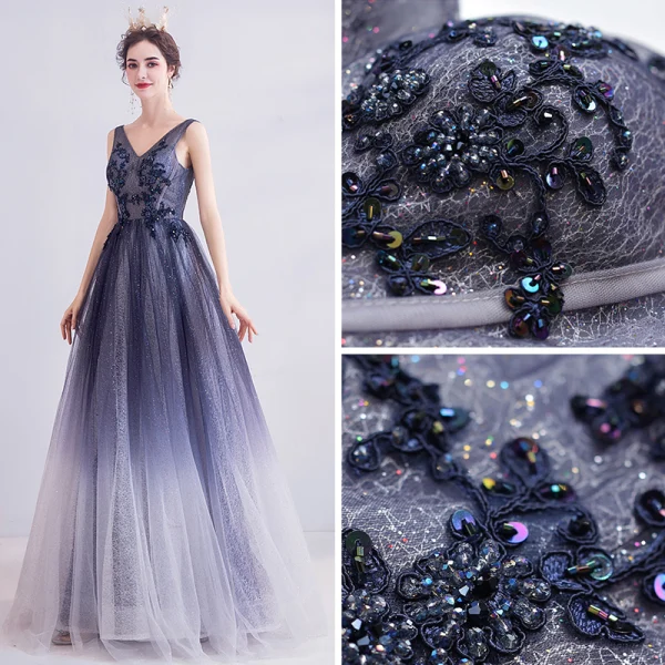 Charmant Bleu Marine Robe De Soirée 2020 Princesse V-Cou Glitter Perlage Paillettes En Dentelle Fleur Sans Manches Dos Nu Longue Robe De Ceremonie