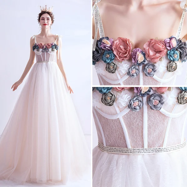Flower Fairy Ivory Prom Dresses 2020 A-Line / Princess Spaghetti Straps Appliques Sleeveless Backless Sweep Train Formal Dresses