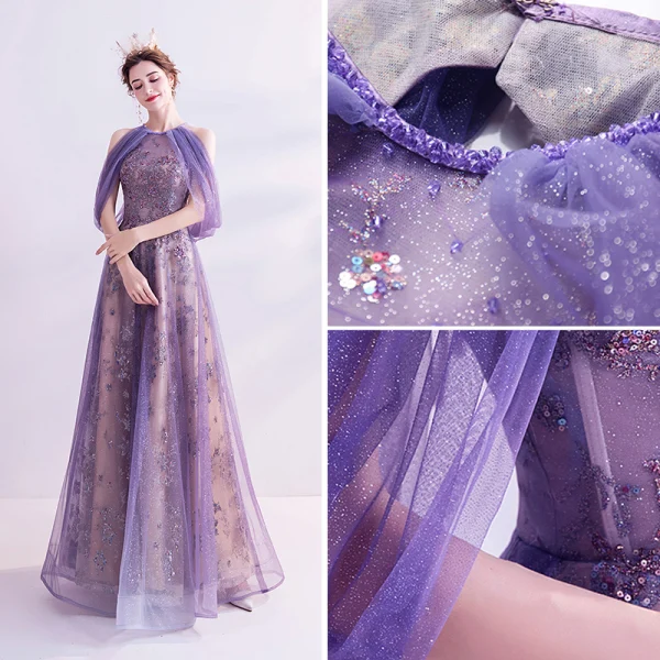 Charmant Lavande Robe De Soirée 2020 Princesse Encolure Dégagée Glitter Perlage Paillettes Cristal Sans Manches Dos Nu Longue Robe De Ceremonie