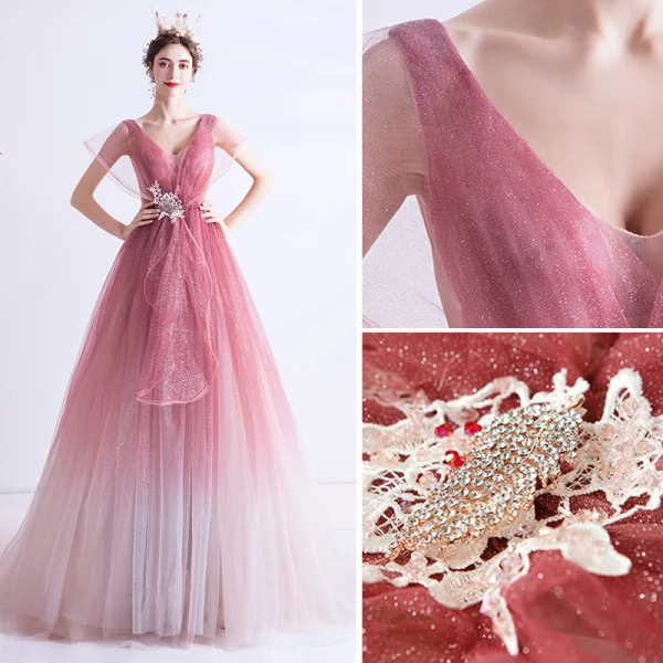Fashion Candy Pink Gradient-Color Evening Dresses  2020 A-Line / Princess V-Neck Glitter Rhinestone Lace Flower Sleeveless Backless Sweep Train Formal Dresses