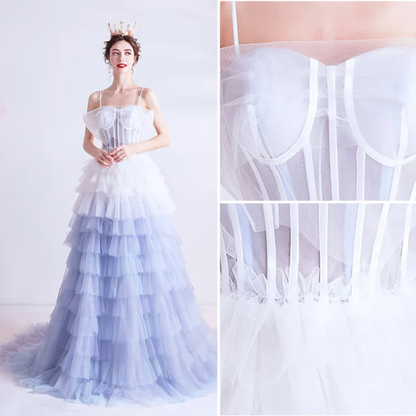 Mode Ivoire Bleu Ciel Dégradé De Couleur Robe De Bal 2020 Princesse Bretelles Spaghetti Sans Manches Dos Nu Volants en Cascade Tribunal Train Robe De Ceremonie
