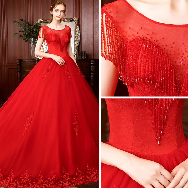 Charmant Rouge Robe De Mariée 2020 Robe Boule Encolure Dégagée Perlage Gland En Dentelle Fleur Sans Manches Dos Nu Royal Train