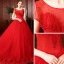 Charmant Rouge Robe De Mariée 2020 Robe Boule Encolure Dégagée Perlage Gland En Dentelle Fleur Sans Manches Dos Nu Royal Train