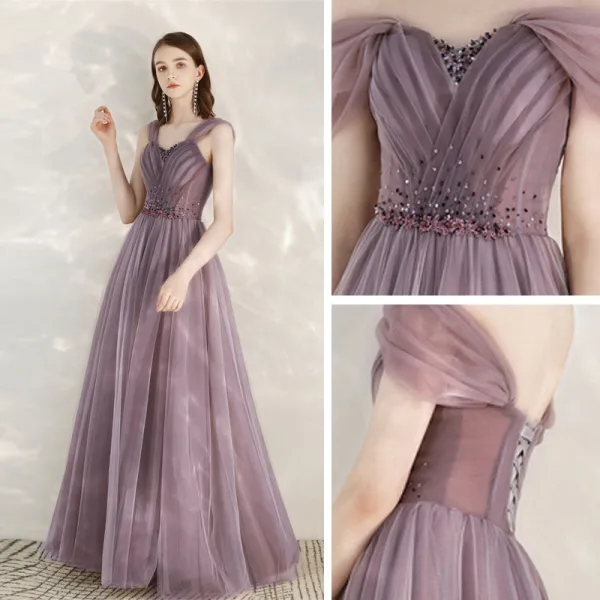 Classy Purple Prom Dresses 2020 A-Line / Princess V-Neck Rhinestone Sequins Sleeveless Backless Floor-Length / Long Formal Dresses