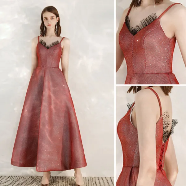 Scintillantes Glitter Rouge Robe De Bal 2020 Princesse Bretelles Spaghetti Sans Manches Dos Nu Longue Robe De Ceremonie