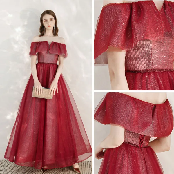 Scintillantes Bordeaux Glitter Robe De Soirée 2020 Princesse De l'épaule Manches Courtes Dos Nu Longue Robe De Ceremonie