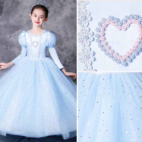 Médiévale Vintage / Originale Bleu Ciel Robe Ceremonie Fille 2021 Princesse Encolure Dégagée 3/4 Manches Forme de coeur Perle Paillettes En Dentelle Fleur Noeud Longue