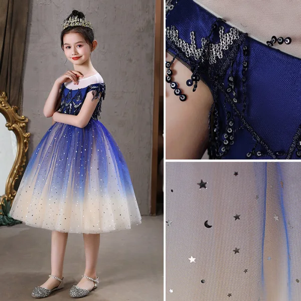 Vintage / Retro Royal Blue Lace Sequins Birthday Flower Girl Dresses 2021 A-Line / Princess Scoop Neck Short Sleeve Tea-length