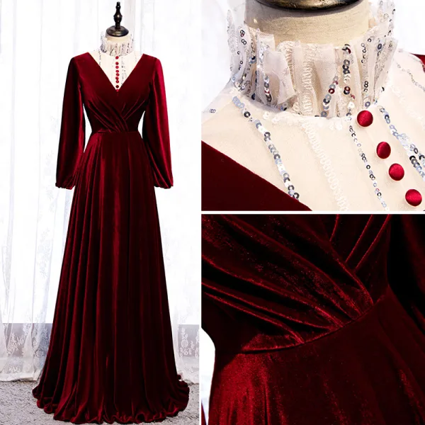 Elegant Burgundy Evening Dresses 2020 A-Line / Princess Suede High Neck Sequins Long Sleeve Floor-Length / Long Formal Dresses