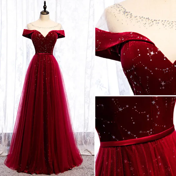 Chic / Belle Bordeaux Robe De Soirée 2020 Princesse Daim Encolure Dégagée Étoile Paillettes Faux Diamant Manches Courtes Dos Nu Longue Robe De Ceremonie