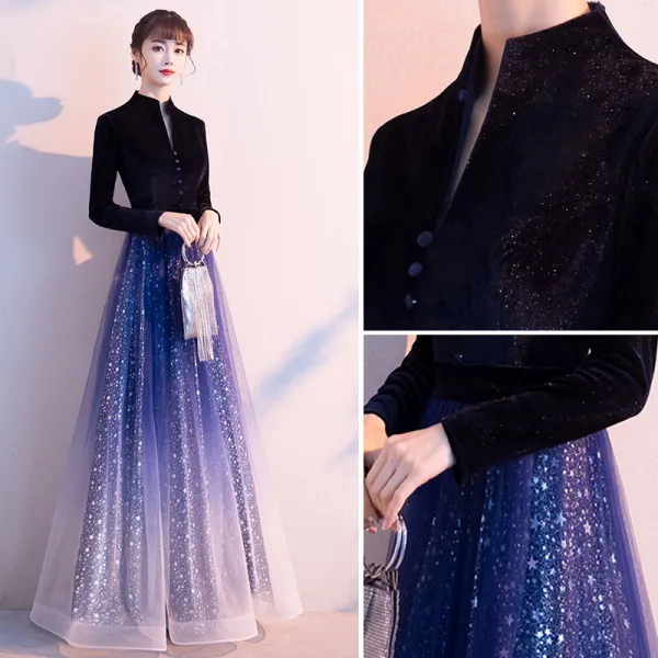 Scintillantes Océan Bleu Dégradé De Couleur Ciel étoilé Robe De Soirée 2020 Princesse Style Chinois Daim V-Cou Étoile Paillettes Manches Longues Longue Robe De Ceremonie