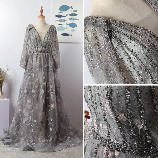 Luxe Gris Fait main Perlage Robe De Soirée 2020 Princesse Col v profond Cristal Faux Diamant En Dentelle Fleur Manches Longues Train De Balayage Robe De Ceremonie