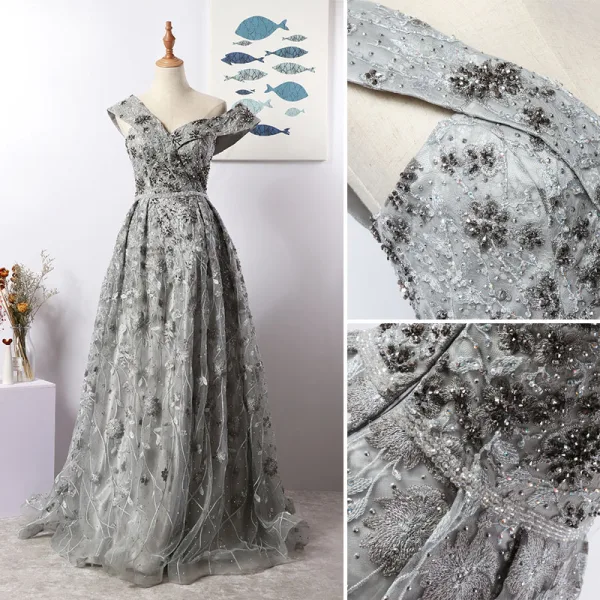 Luxury / Gorgeous Charming Grey Evening Dresses 2020 A-Line / Princess V-Neck Handmade Beading Crystal Rhinestone Lace Flower Sleeveless Backless Floor-Length / Long Formal Dresses