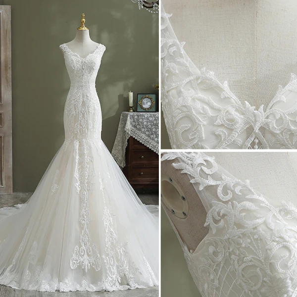 Charmant Ivory / Creme Meerjungfrau Brautkleider / Hochzeitskleider 2021 V-Ausschnitt Ärmellos Rückenfreies Spitze Blumen Hof-Schleppe Hochzeit