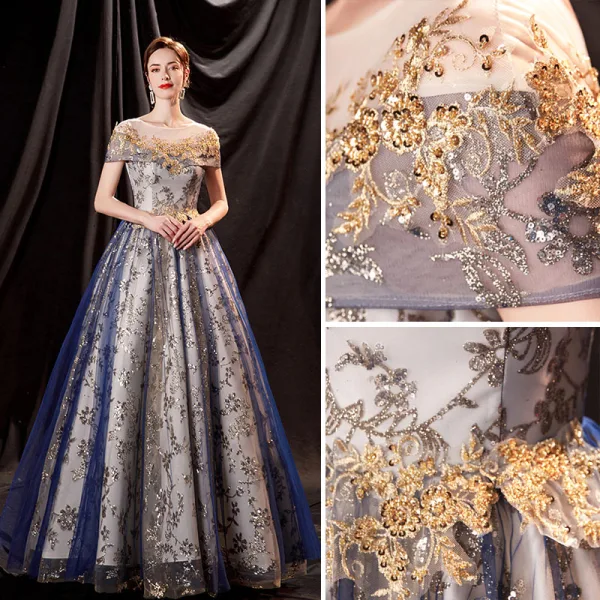Charmant Bling Bling Océan Bleu Robe De Bal 2021 Princesse Encolure Dégagée Perlage Paillettes En Dentelle Fleur Manches Courtes Dos Nu Longue Robe De Ceremonie
