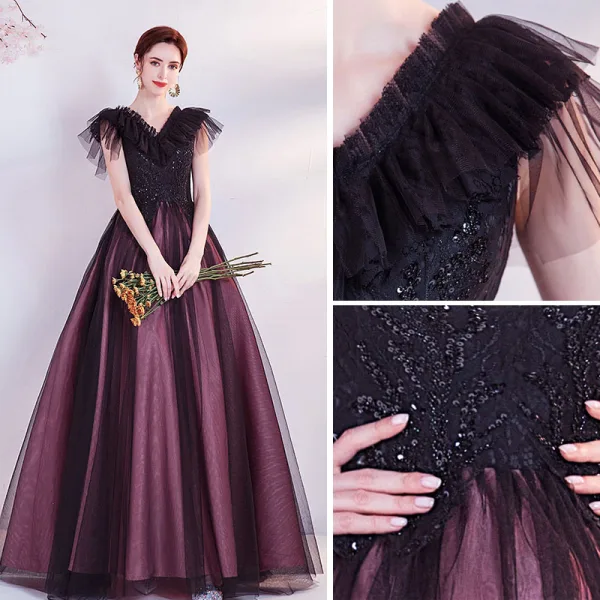 Vintage / Originale Violet Perlage Paillettes En Dentelle Fleur Robe De Bal 2021 Princesse V-Cou Manches Courtes Dos Nu Longue Robe De Ceremonie
