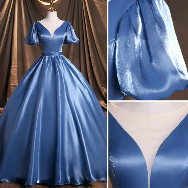 Chic Beautiful Ocean Blue Satin Prom Dresses 2021 Scoop Neck Puffy Short Sleeve Backless