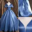 Chic / Beautiful Ocean Blue Satin Prom Dresses 2021 Scoop Neck Puffy Short Sleeve Backless Floor-Length / Long Formal Dresses