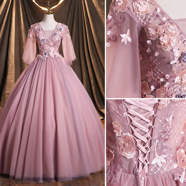 Elegante Rosa Applikationen Perlenstickerei Spitze Blumen Ballkleider 2021 Eckiger Ausschnitt 3/4 Ärmel Rückenfreies Lange Festliche Kleider