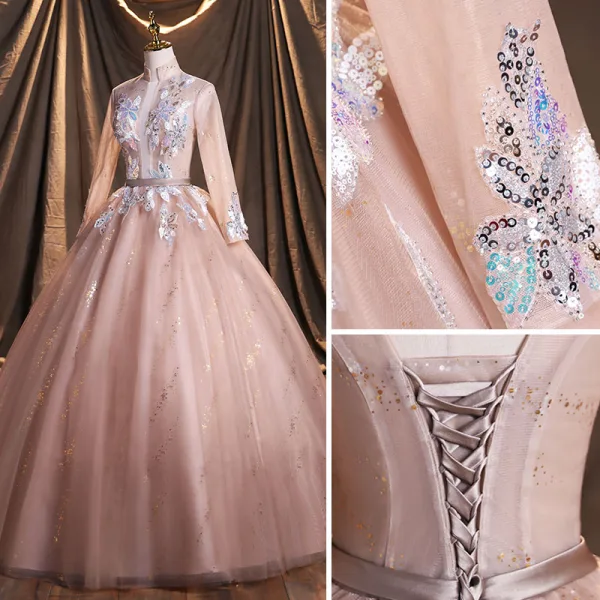 Chic / Belle Rougissant Rose Paillettes Robe De Bal 2021 Robe Boule Col Haut Manches Longues Dos Nu Ceinture Longue Robe De Ceremonie