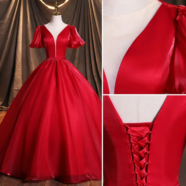 Ethnic Red Satin Prom Dresses 2021 Ball Gown Scoop Neck Short Sleeve Backless Sash Floor-Length / Long Formal Dresses