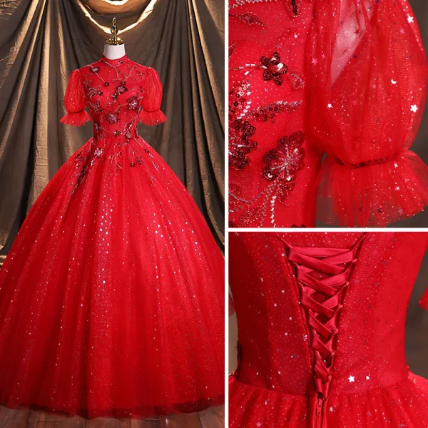 Scintillantes Rouge Robe De Bal Princesse 2021 Col Haut Perlage Étoile Paillettes Manches de cloche Dos Nu Longue Robe De Ceremonie