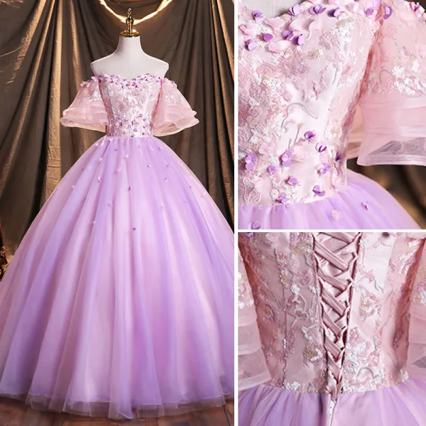 Flower Fairy Lavender Prom Dresses 2021 Ball Gown Off-The-Shoulder Sequins Lace Flower Appliques Backless Bell sleeves Floor-Length / Long Formal Dresses