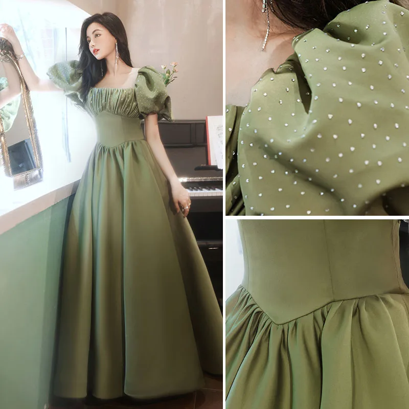 Chic Beautiful Olive Green Prom Dresses 2021 A Line Princess Spaghetti  Straps Puffy Short Sleeve Backless Bow Floor Length Long Formal Dresses