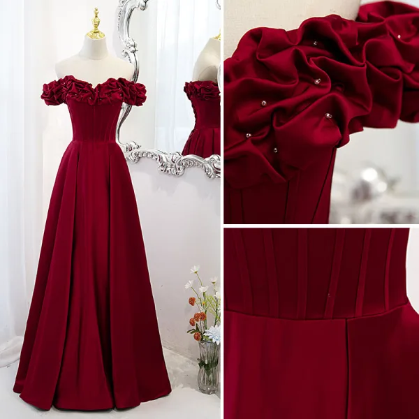 Elegant Burgundy Satin Prom Dresses 2021 A-Line / Princess Ruffle Off-The-Shoulder Short Sleeve Backless Floor-Length / Long Formal Dresses