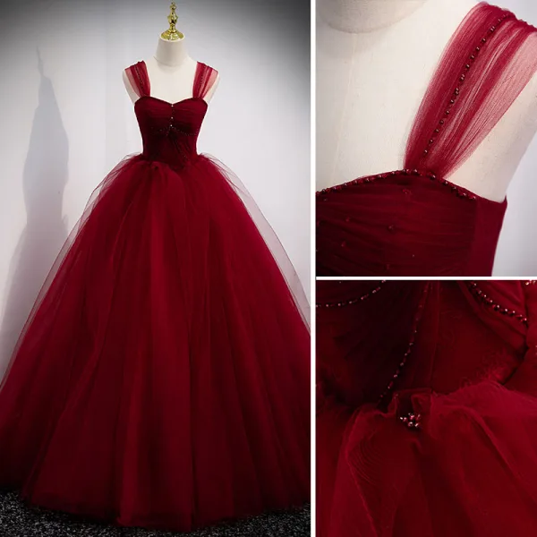 Chic / Beautiful Burgundy Prom Dresses 2021 Ball Gown Square Neckline Sleeveless Backless Floor-Length / Long Formal Dresses