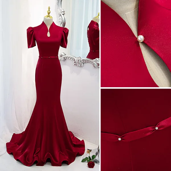 Chic / Beautiful Burgundy Satin Cheongsam / Qipao Evening Dresses 2021 A-Line / Princess High Neck Backless Rhinestone Sash Short Sleeve Floor-Length / Long Evening Party