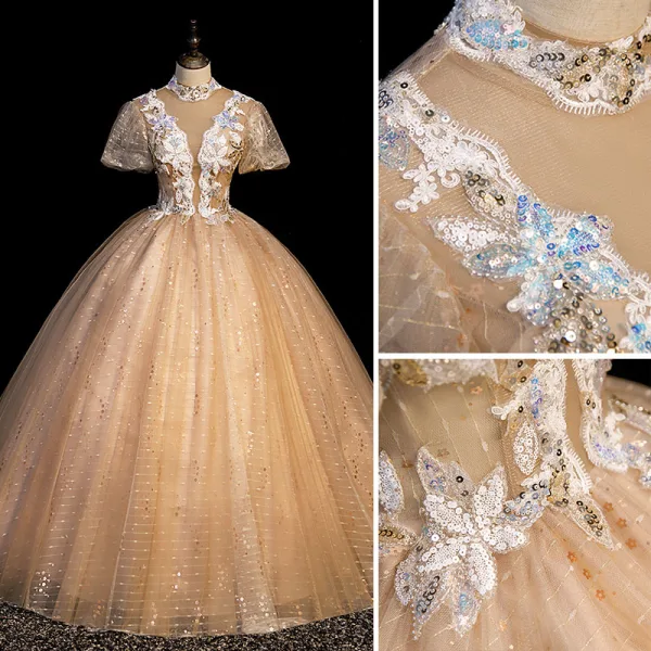 Charmant Champagne Robe De Bal 2021 Robe Boule Col Haut Paillettes En Dentelle Fleur Manches Courtes Dos Nu Longue Robe De Ceremonie