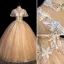 Charmant Champagne Robe De Bal 2021 Robe Boule Col Haut Paillettes En Dentelle Fleur Manches Courtes Dos Nu Longue Robe De Ceremonie