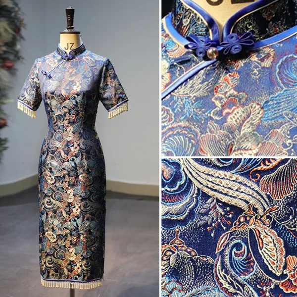 Chinese style Navy Blue Embroidered Satin Cheongsam 2021 Trumpet / Mermaid High Neck Beading Tassel Short Sleeve Ankle Length Cheongsam / Qipao