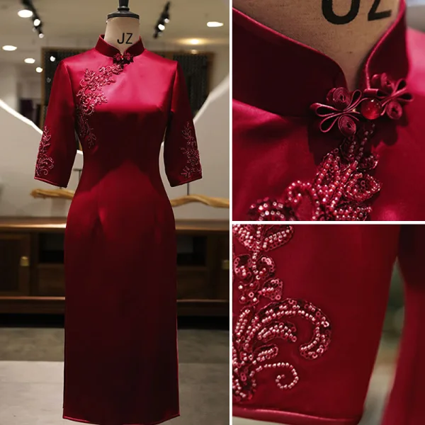 Chinese style Burgundy Satin Cheongsam 2021 Trumpet / Mermaid High Neck Beading Sequins 3/4 Sleeve Ankle Length Cheongsam / Qipao