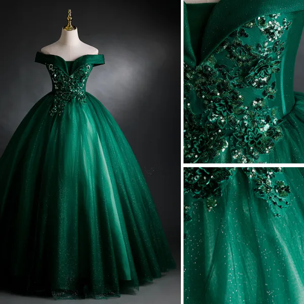 Elegant Dark Green Prom Dresses 2021 Ball Gown Off-The-Shoulder Beading Sequins Lace Flower Sleeveless Backless Floor-Length / Long Formal Dresses